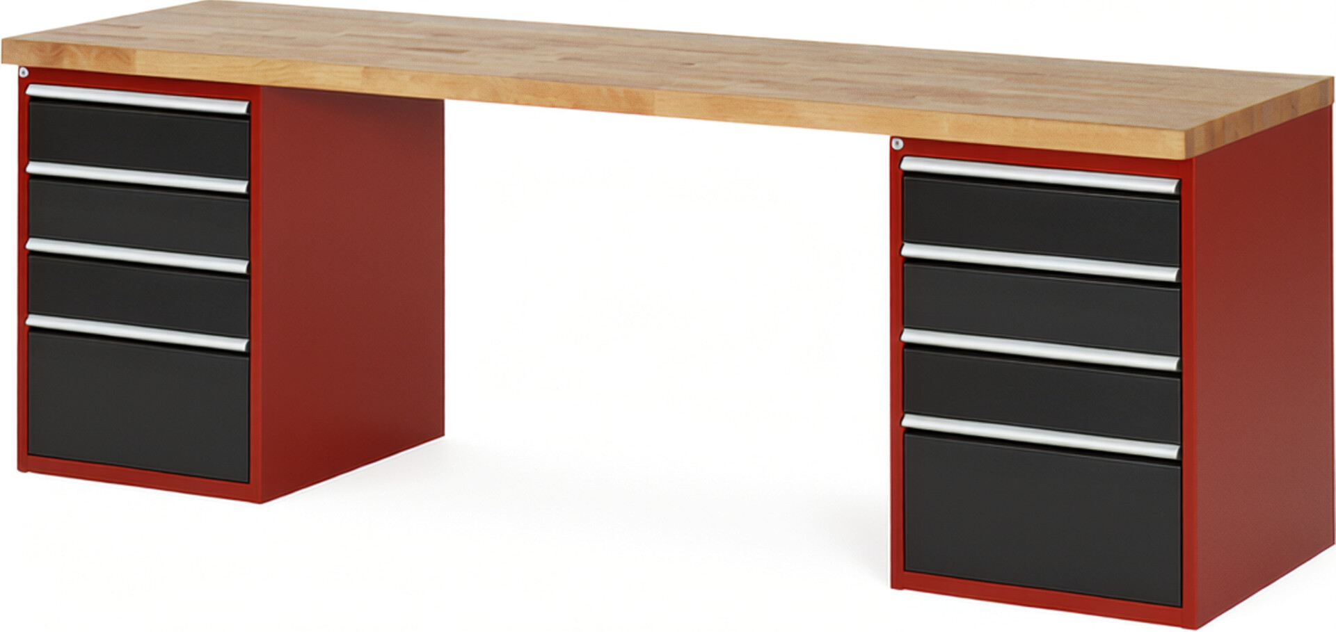 Werkbank Modell 7510 rot - schwarz, BxTxH 2500x700x890 mm,  Buche-Massiv Arbeitsplatte 40 mm,  8 Schubladen mit  Vollauszug 100 % und  SoftClosing