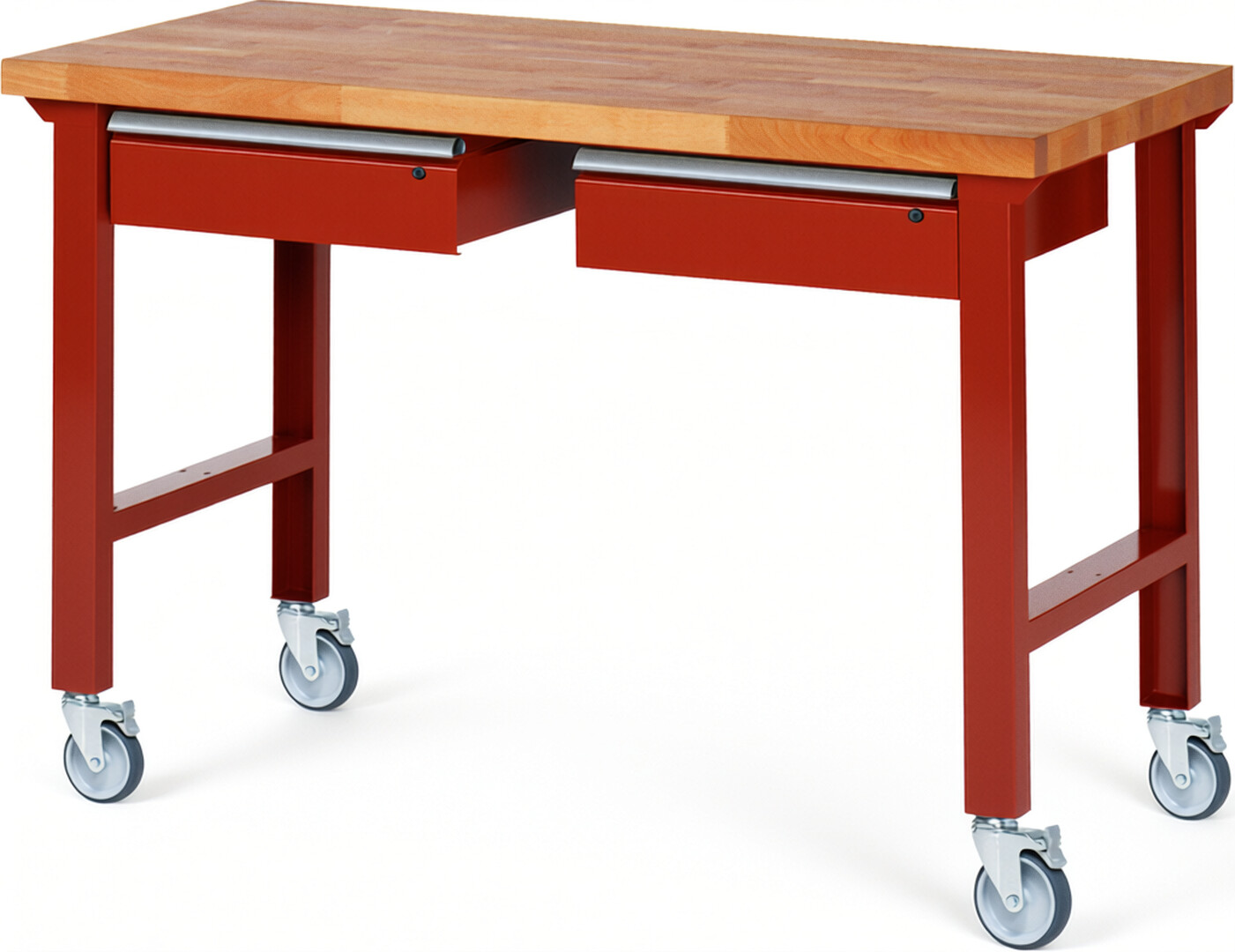 Fahrbare Werkbank Modell 7002 rot, BxTxH 1500x700x1000 mm,  Buche-Massiv Arbeitsplatte 40 mm,  2 Schubladen mit  Auszug 90 %