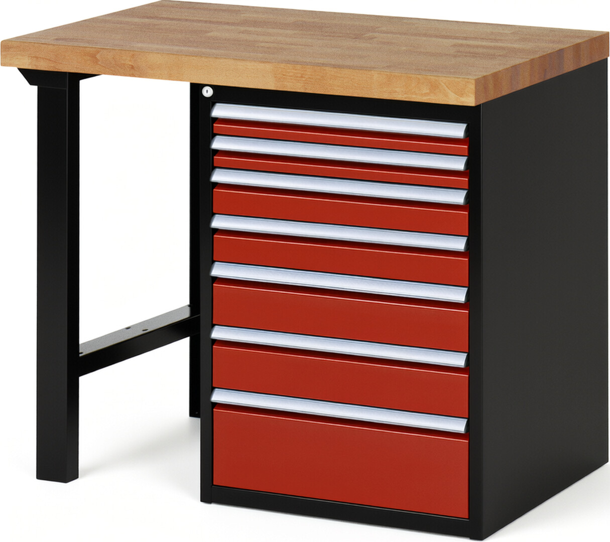 RAU Werkbank schwarz - rot - Breite 100 cm - Tiefe 70 cm - Höhe 84 cm - Buche-Massiv Arbeitsplatte 40 mm