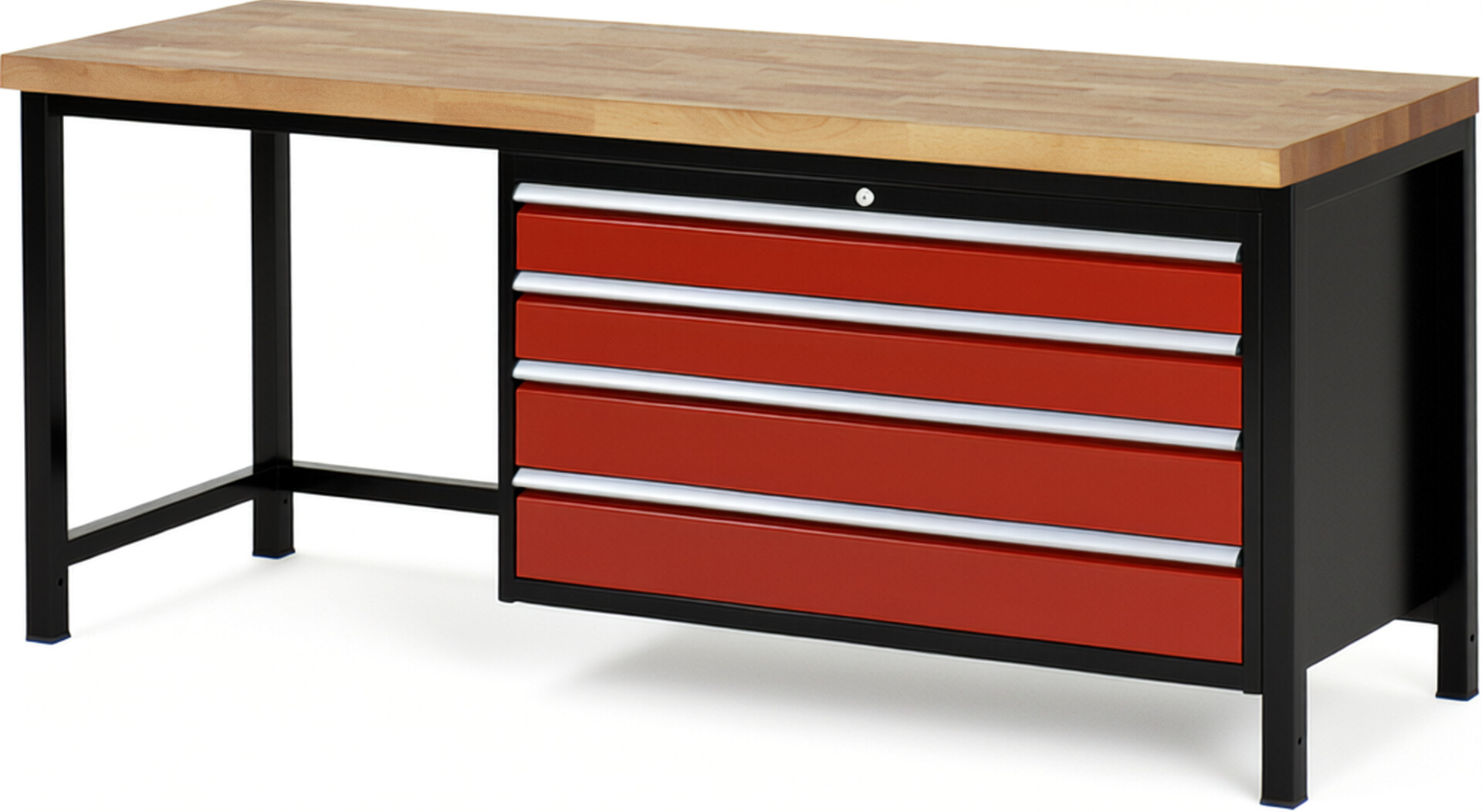 RAU Werkbank schwarz - rot - Breite 200 cm - Tiefe 70 cm - Höhe 104 cm - Buche-Massiv Arbeitsplatte 40 mm