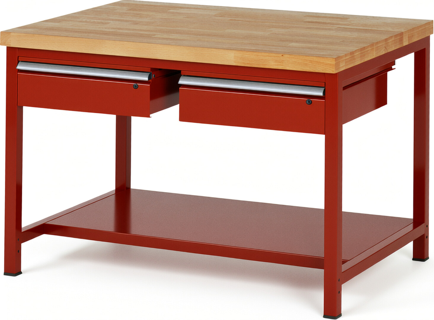 Werkbank Modell 8002 rot, BxTxH 1250x900x840-1040 mm,  Buche-Massiv Arbeitsplatte 40 mm,  2 Schubladen mit  Auszug 90 %