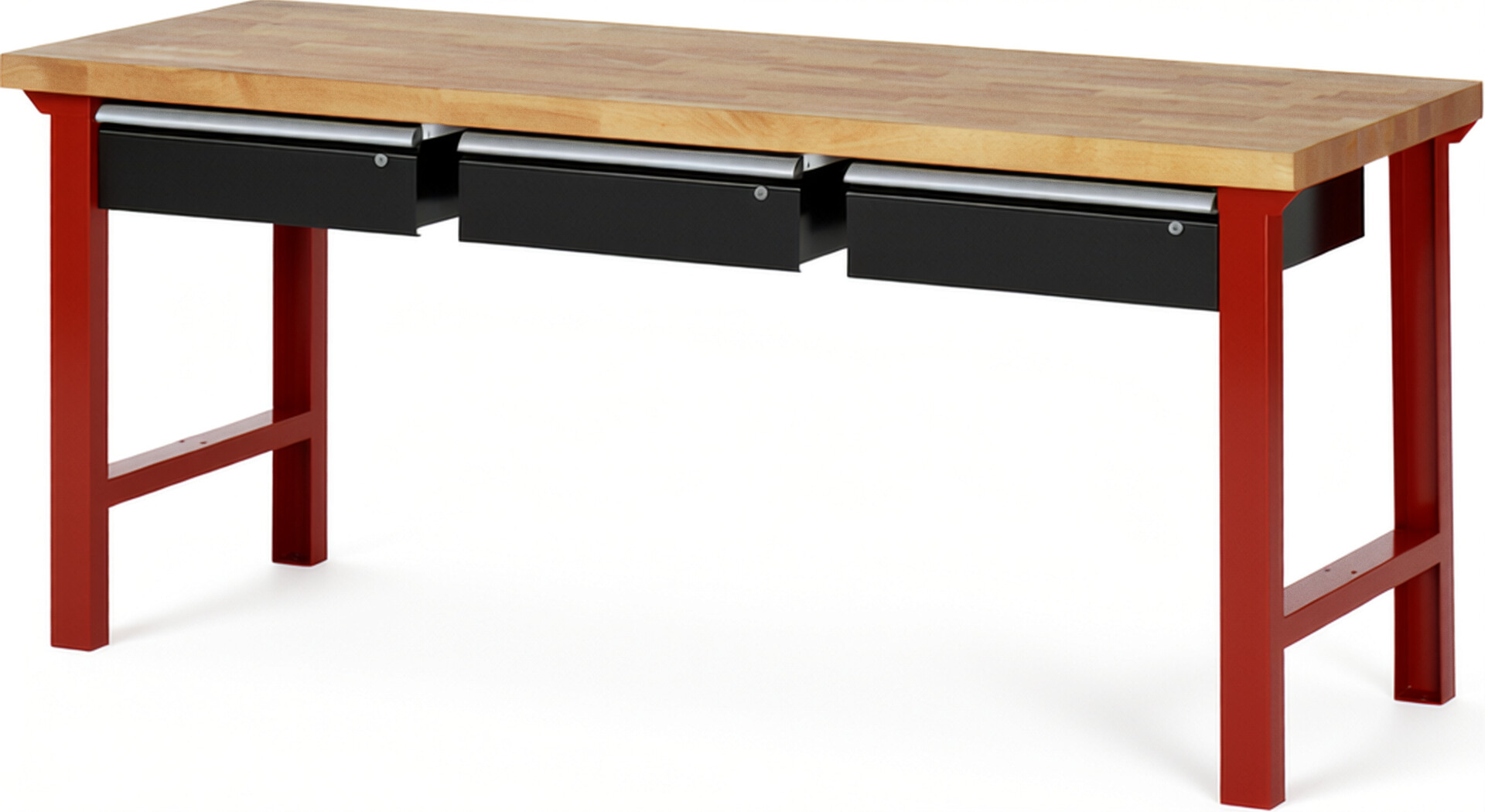 Werkbank Modell 7003 rot - schwarz, BxTxH 2000x700x840 mm,  Buche-Massiv Arbeitsplatte 40 mm,  3 Schubladen mit  Auszug 90 %