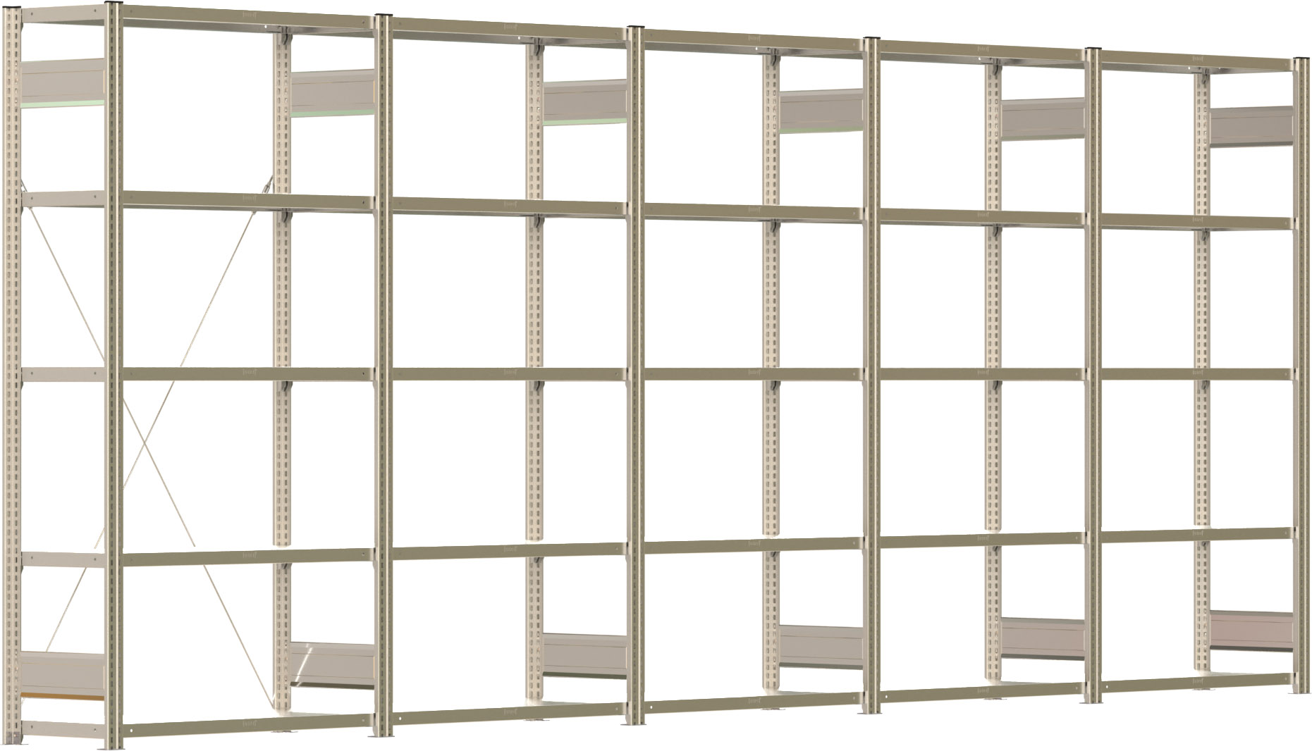 Fachbodenregal BERT - Breite: 502,5 cm - Tiefe: 40 cm - Höhe: 200 cm - 25 Böden - Regalreihe