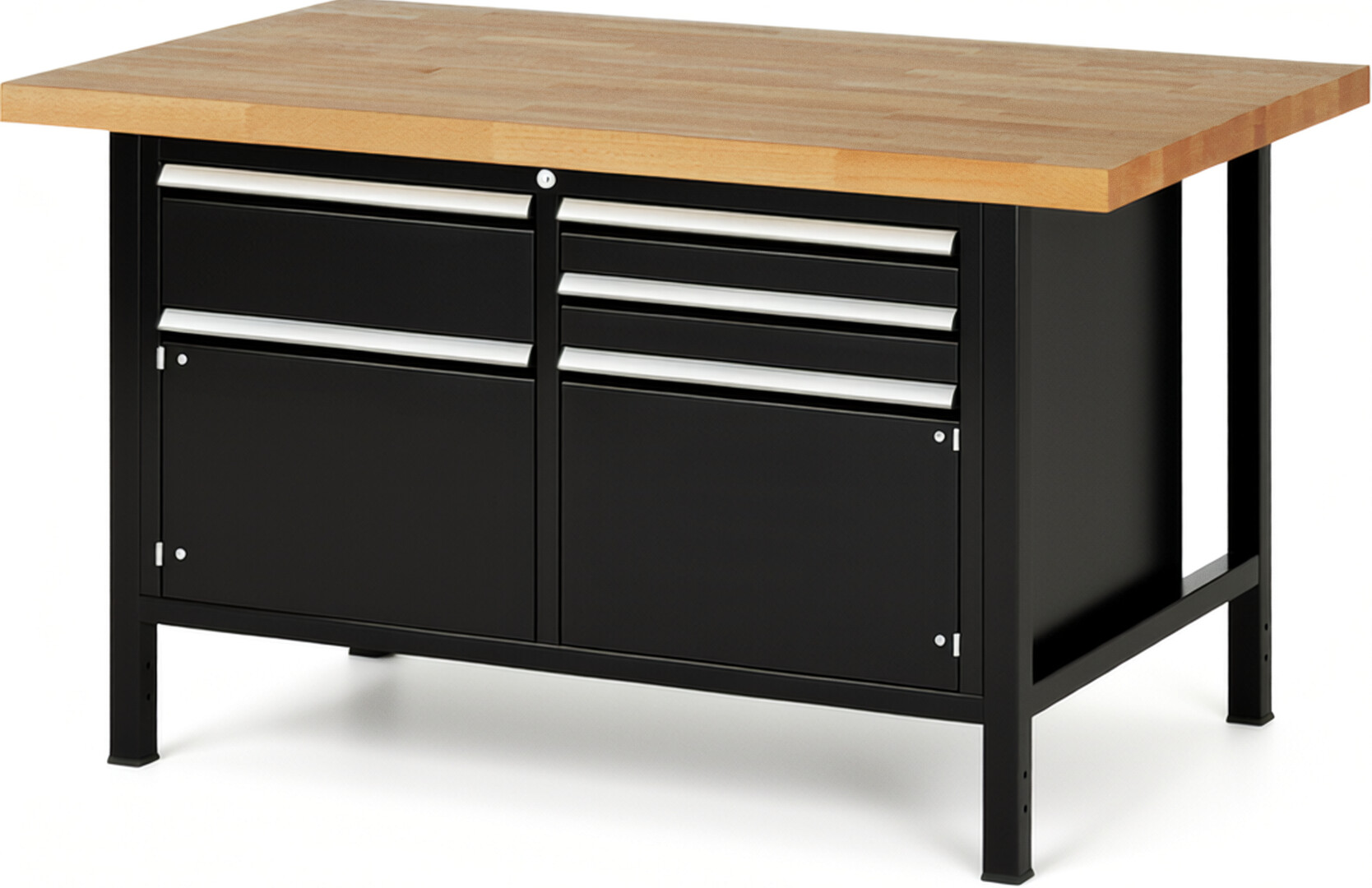 RAU Werkbank schwarz - Breite 150 cm - Tiefe 90 cm - Höhe 104 cm - Buche-Massiv Arbeitsplatte 40 mm