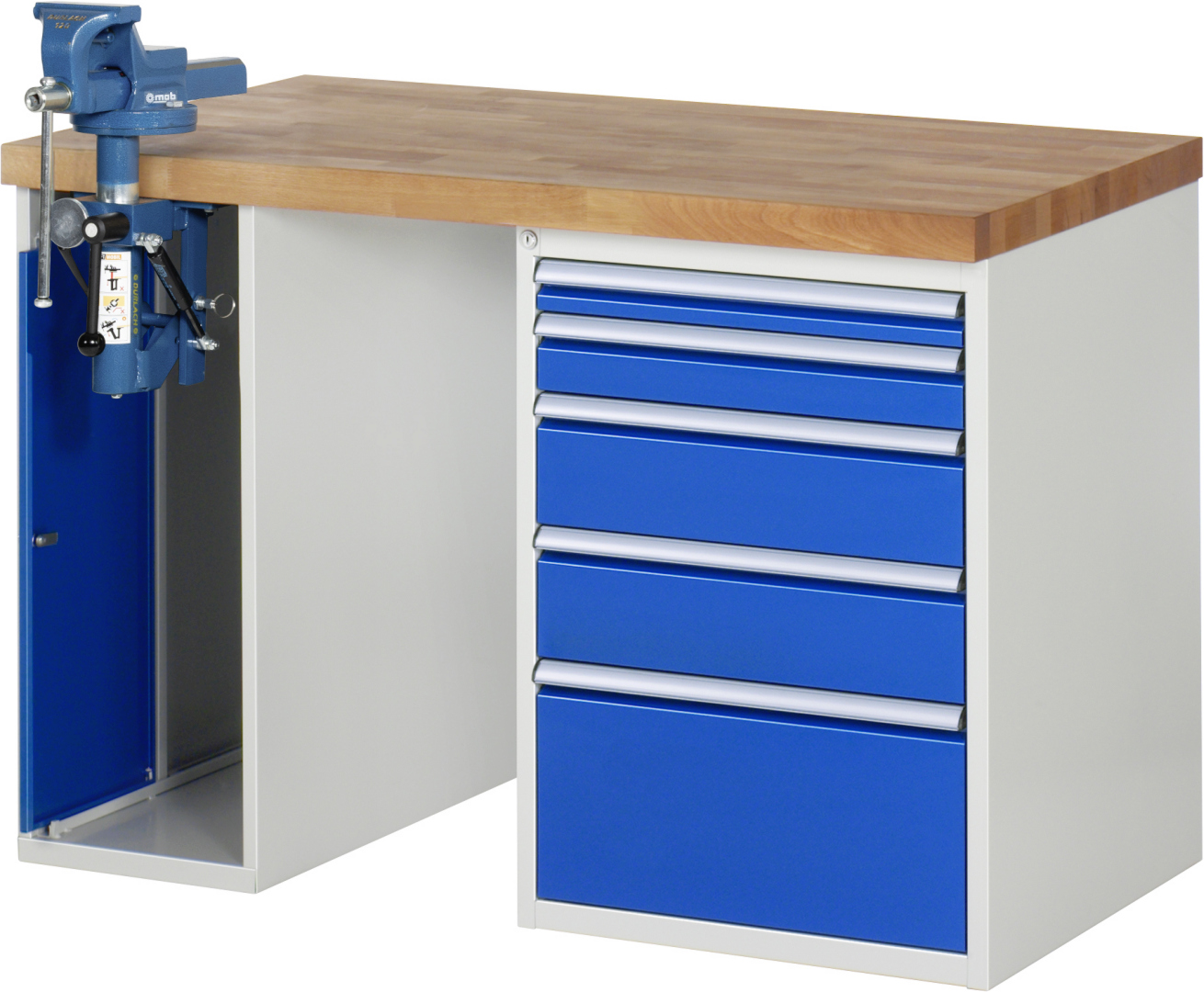 Werkbank Modell 7511 rot - schwarz, BxTxH 1250x700x890 mm,  Buche-Massiv Arbeitsplatte 40 mm,  5 Schubladen mit  Vollauszug 100 % und  SoftClosing