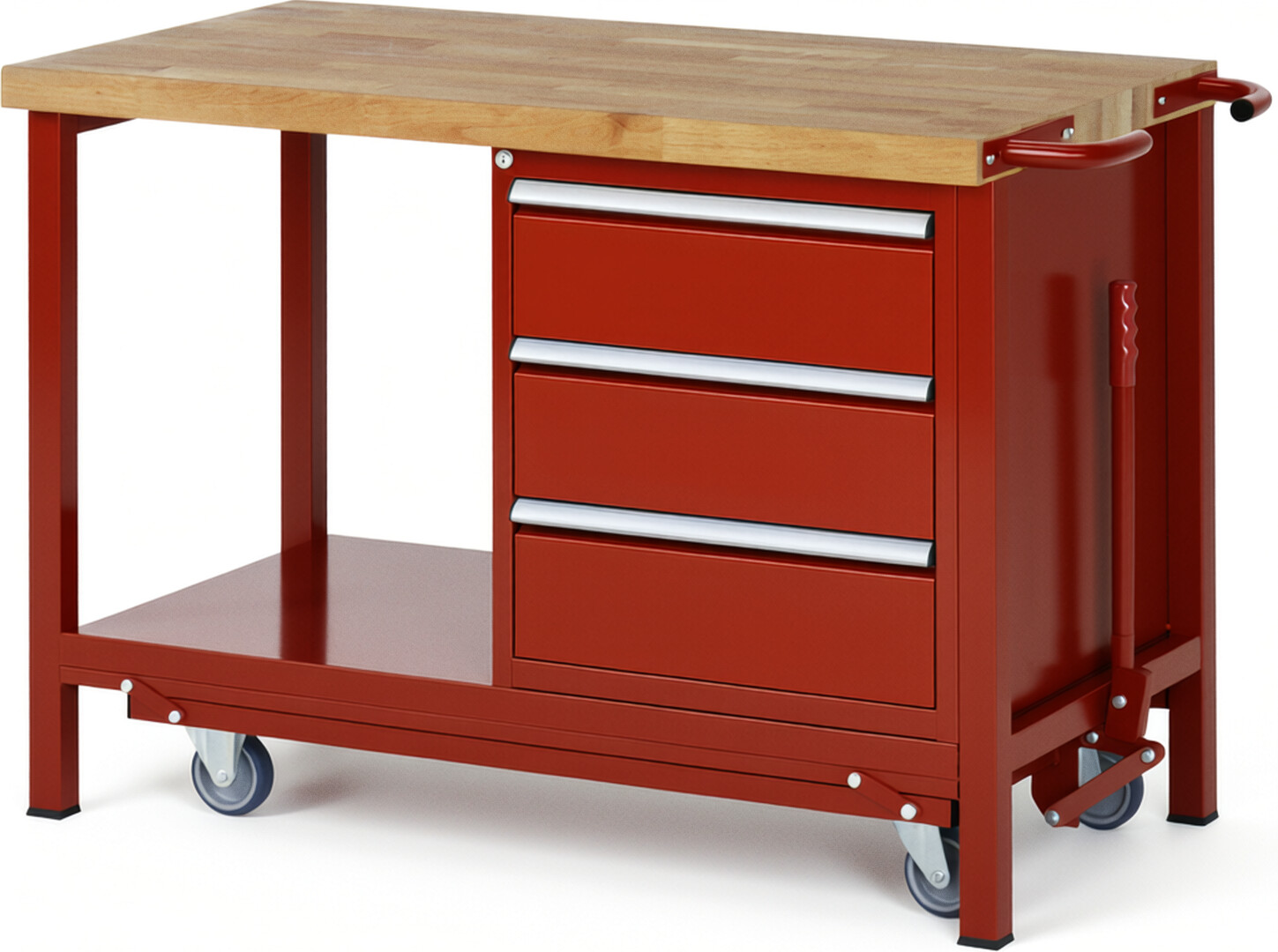 RAU Werkbank rot - Breite 125 cm - Tiefe 70 cm - Höhe 88 cm - Buche-Massiv Arbeitsplatte 40 mm