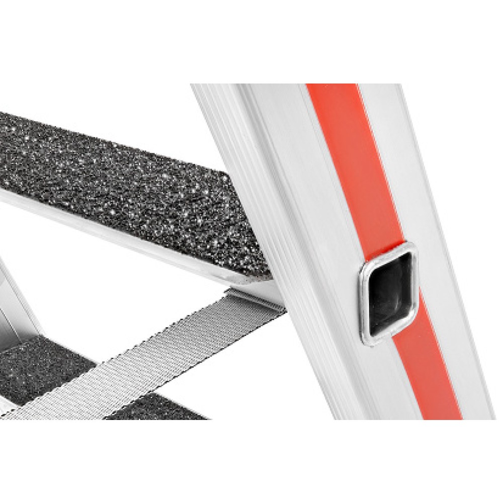 Stufen-Stehleiter R13 mit Sicherheitsbrücke, einseitig, Ablageschale und Einhängemöglichkeit für Eimer, senk. Länge 1550 mm, 4 Stufen, Gewicht 6,3 kg