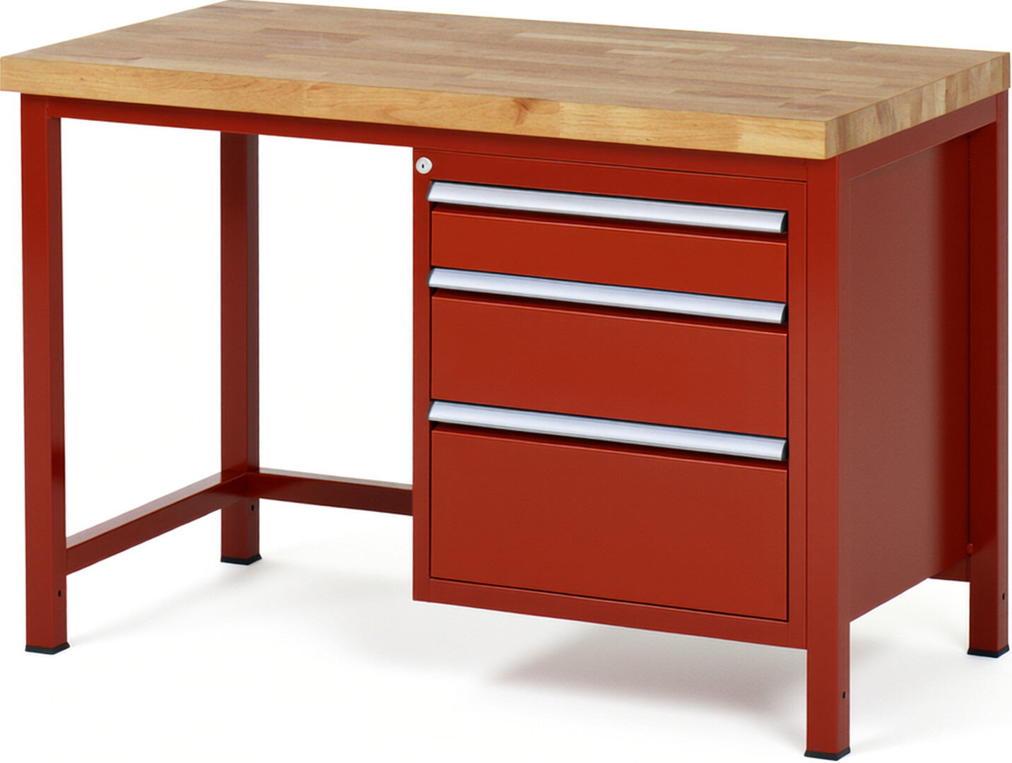 Werkbank Modell 8159 rot, BxTxH 1250x700x840-1040 mm,  Buche-Massiv Arbeitsplatte 40 mm,  3 Schubladen mit  Vollauszug 100 % und  SoftClosing