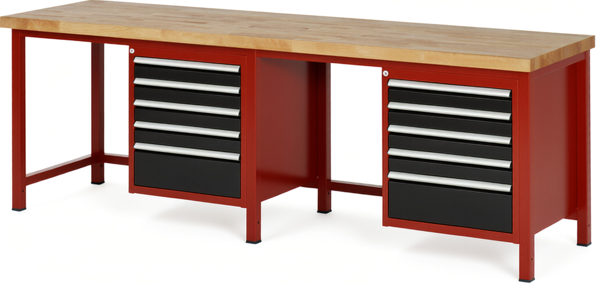 Werkbank Modell 8168 rot - schwarz, BxTxH 2500x700x840-1040 mm,  Buche-Massiv Arbeitsplatte 40 mm,  10 Schubladen mit  Vollauszug 100 % und  SoftClosing