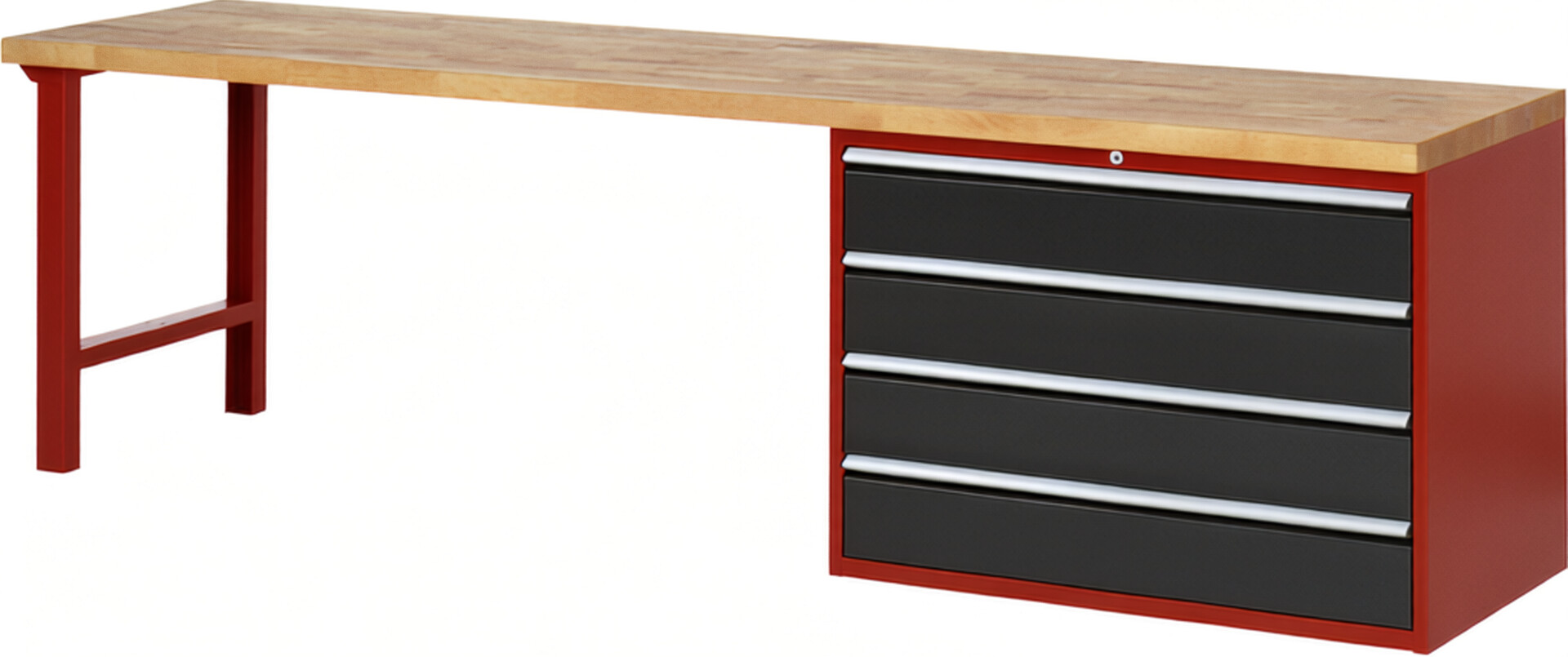 Werkbank Modell 7709 rot - schwarz, BxTxH 3000x700x890 mm,  Buche-Massiv Arbeitsplatte 40 mm,  4 Schubladen mit  Vollauszug 100 % und  SoftClosing
