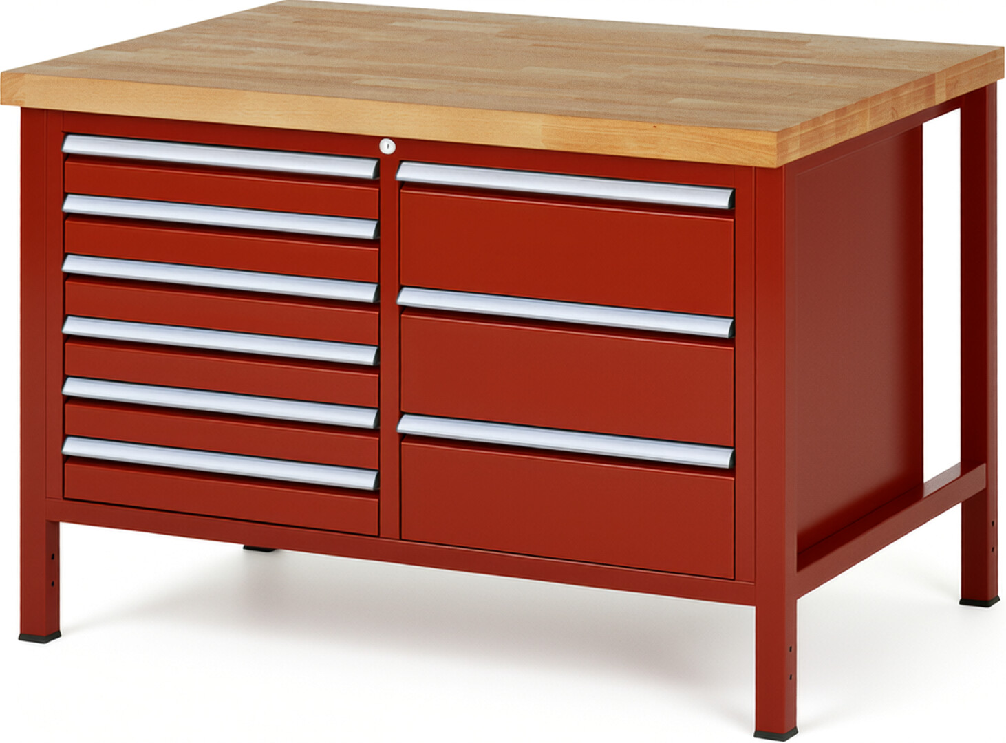Werkbank Modell 8479 rot, BxTxH 1250x900x840 mm,  Buche-Massiv Arbeitsplatte 40 mm,  9 Schubladen mit  Auszug 90 %