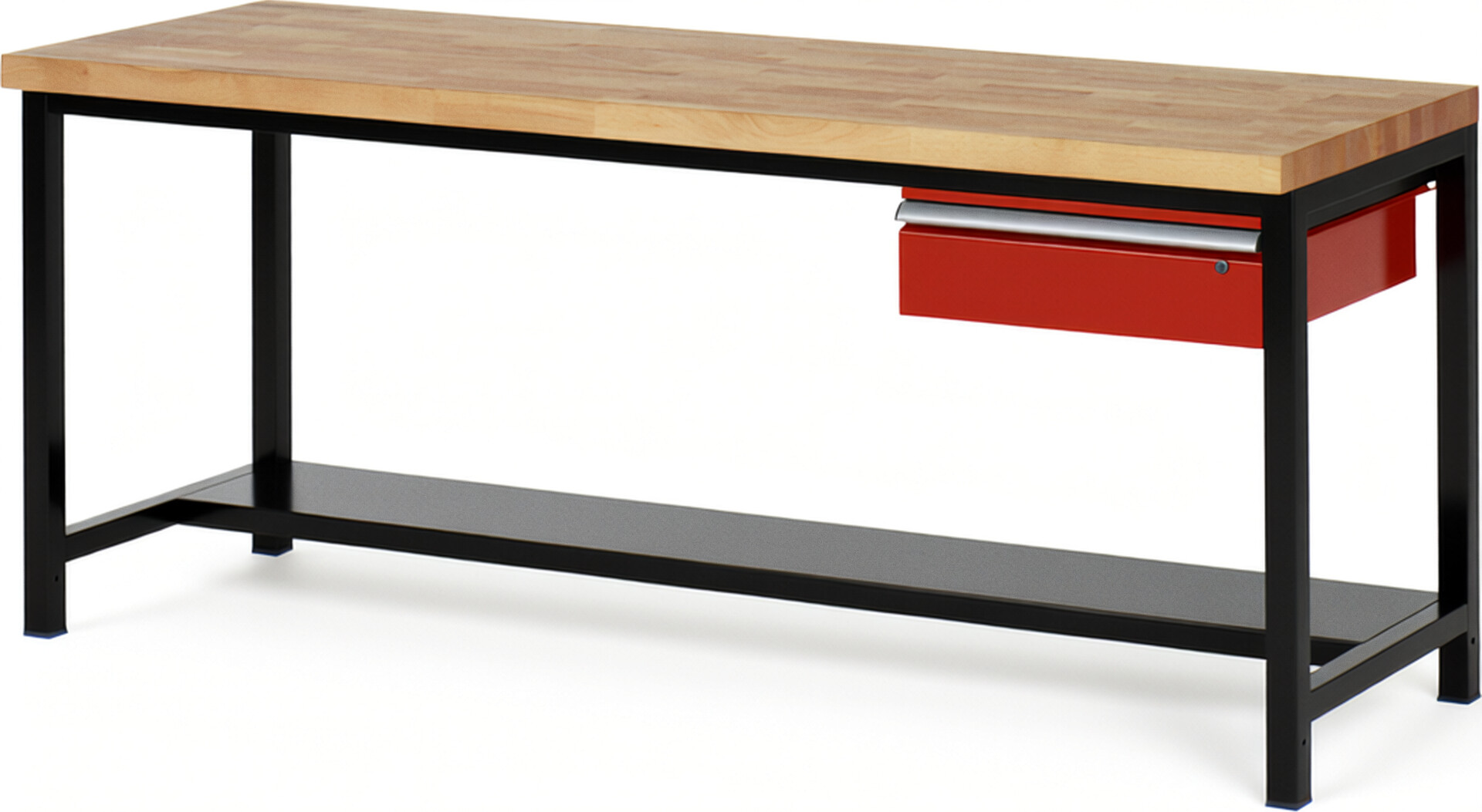 RAU Werkbank schwarz - rot - Breite 200 cm - Tiefe 90 cm - Höhe 104 cm - Buche-Massiv Arbeitsplatte 40 mm
