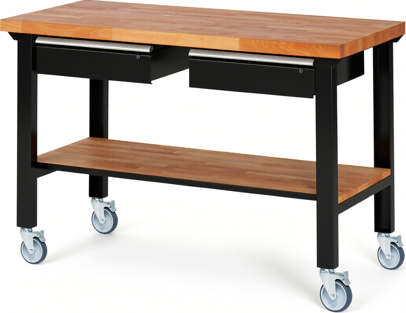 RAU Werkbank schwarz - Breite 150 cm - Tiefe 70 cm - Höhe 100 cm - Buche-Massiv Arbeitsplatte 40 mm