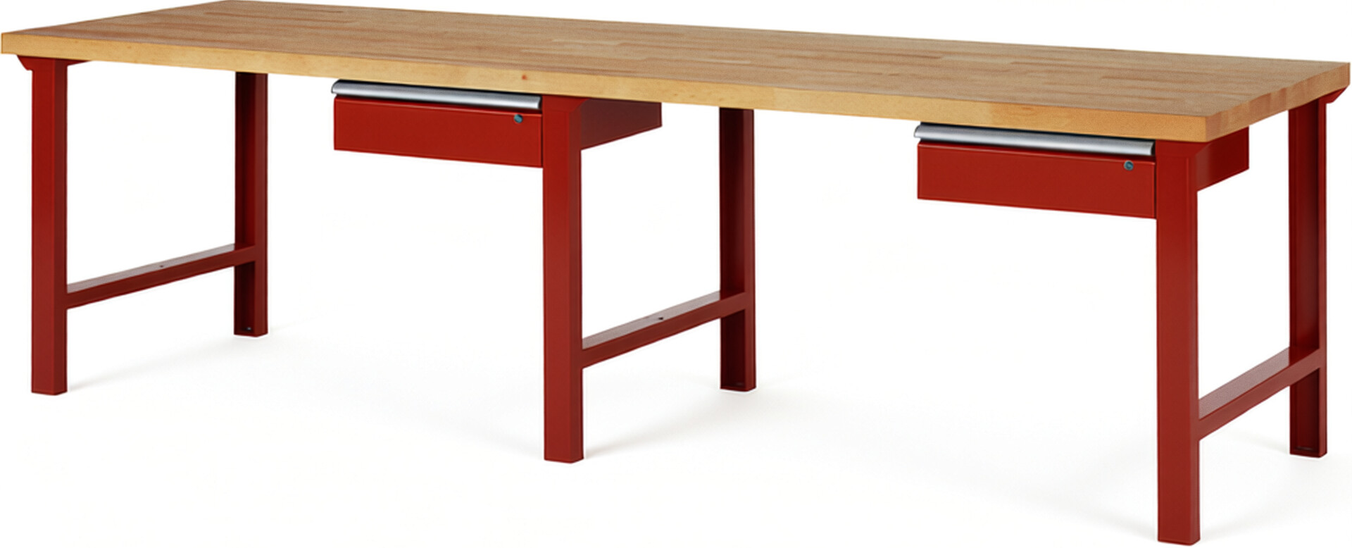 Werkbank Modell 7001 rot, BxTxH 3000x900x840 mm,  Buche-Massiv Arbeitsplatte 40 mm,  2 Schubladen mit  Auszug 90 %