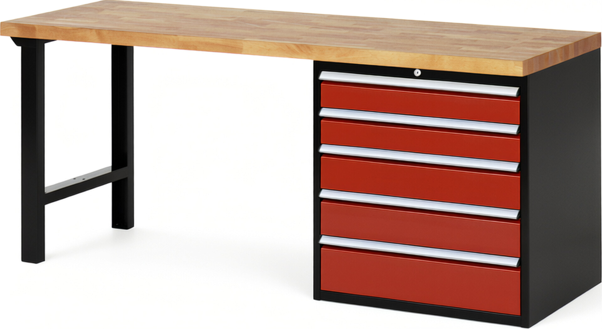 RAU Werkbank schwarz - rot - Breite 200 cm - Tiefe 70 cm - Höhe 84 cm - Buche-Massiv Arbeitsplatte 40 mm