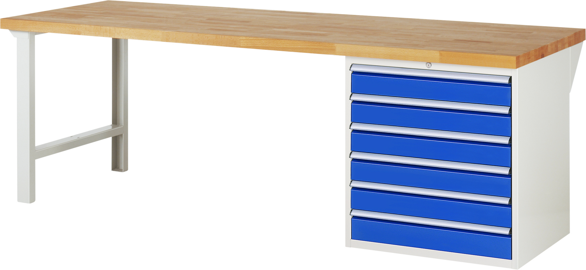 Werkbank Modell 7616 rot - schwarz, BxTxH 2500x900x840 mm,  Buche-Massiv Arbeitsplatte 40 mm,  6 Schubladen mit  Auszug 90 %