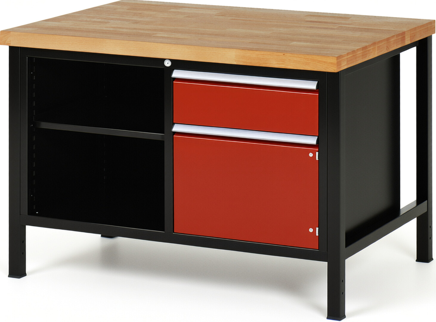 RAU Werkbank schwarz - rot - Breite 125 cm - Tiefe 90 cm - Höhe 104 cm - Buche-Massiv Arbeitsplatte 40 mm