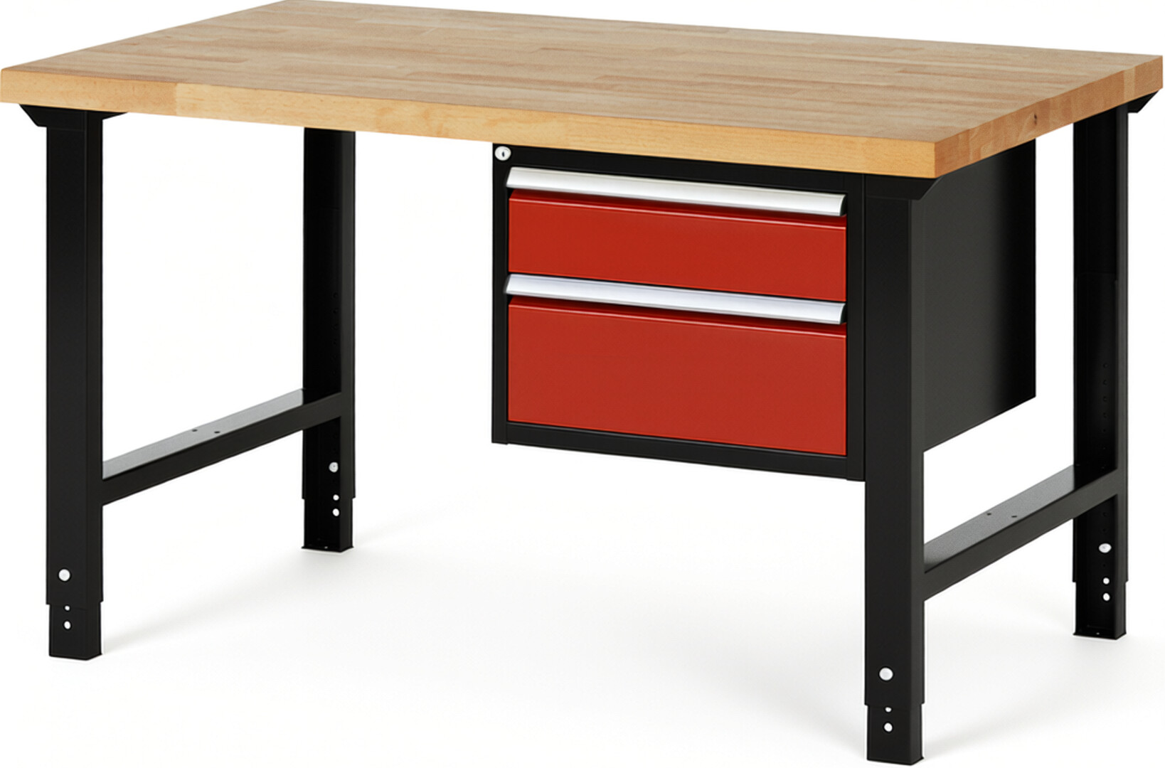 RAU Werkbank schwarz - rot - Breite 150 cm - Tiefe 90 cm - Höhe 114 cm - Buche-Massiv Arbeitsplatte 40 mm