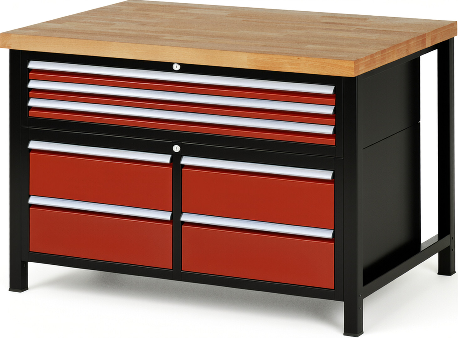 RAU Werkbank schwarz - rot - Breite 125 cm - Tiefe 90 cm - Höhe 104 cm - Buche-Massiv Arbeitsplatte 40 mm