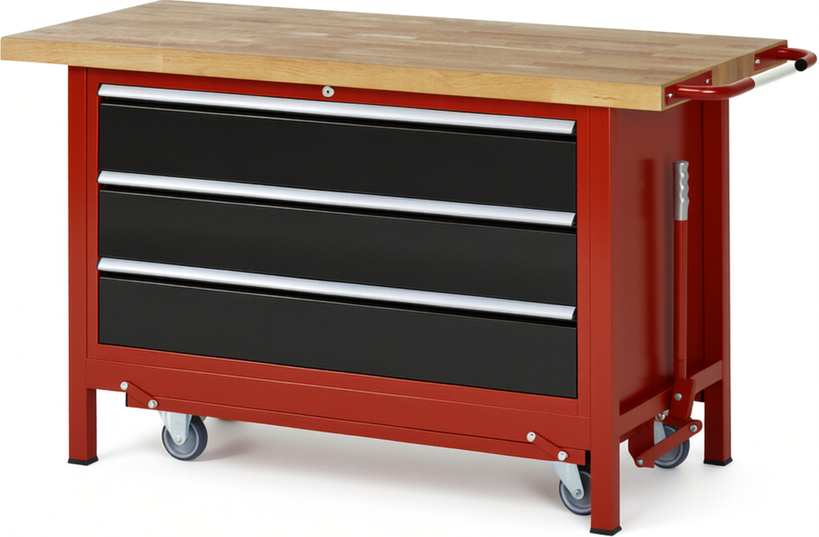 Absenkbare Werkbank Modell 8357 rot - schwarz, BxTxH 1500x700x880 mm,  Buche-Massiv Arbeitsplatte 40 mm,  3 Schubladen mit  Auszug 90 %