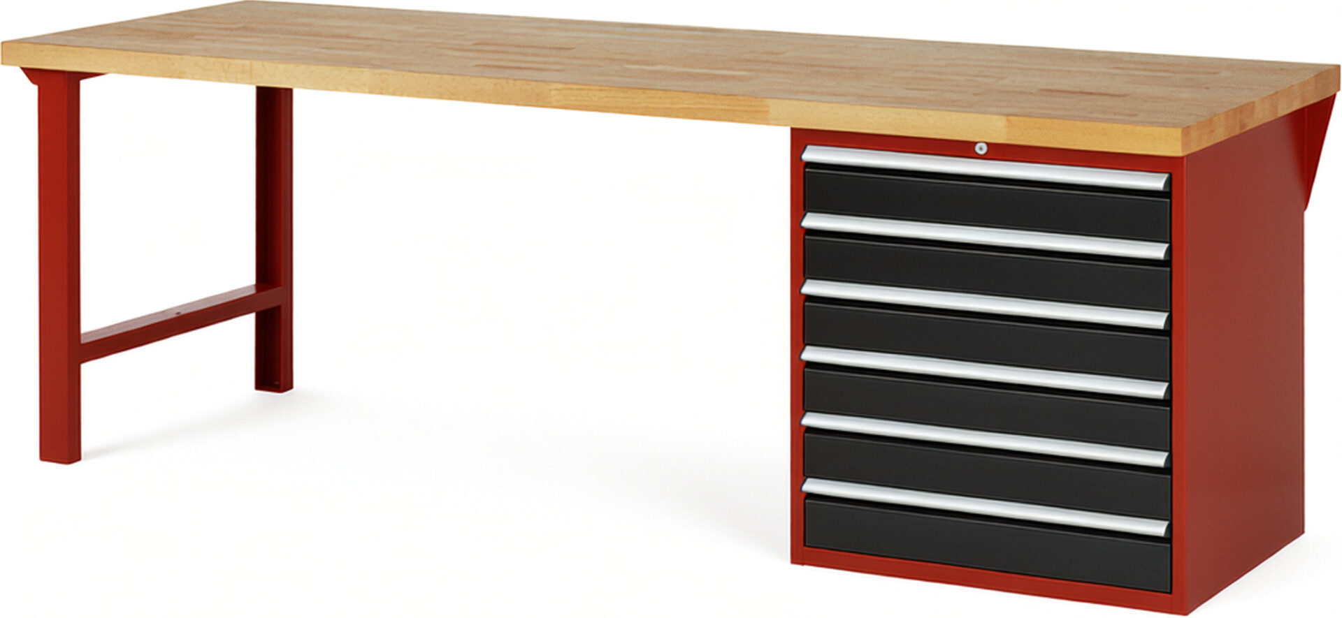 Werkbank Modell 7616 rot - schwarz, BxTxH 2500x900x840 mm,  Buche-Massiv Arbeitsplatte 40 mm,  6 Schubladen mit  Auszug 90 %