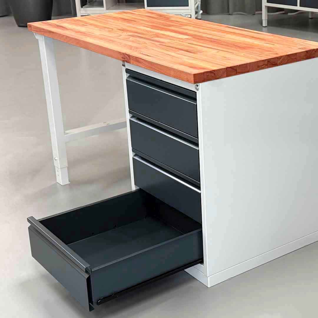 Werkbank 7000 BR, BxTxH 1500xT700xH890 mm, Platte Buche 40 mm 40 mm, 4 Schubladen 180 mm, zerlegte Anlieferung, RAL 7035/7016