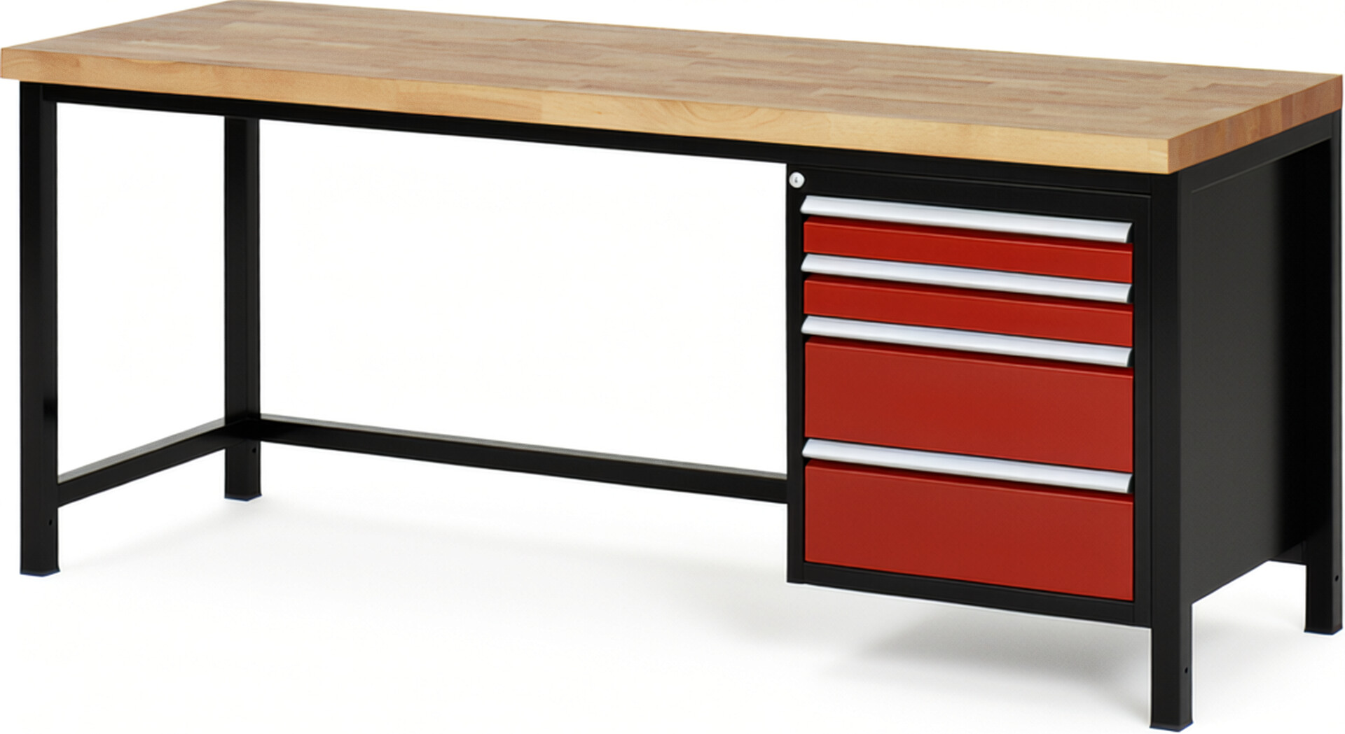 RAU Werkbank schwarz - rot - Breite 200 cm - Tiefe 70 cm - Höhe 104 cm - Buche-Massiv Arbeitsplatte 40 mm