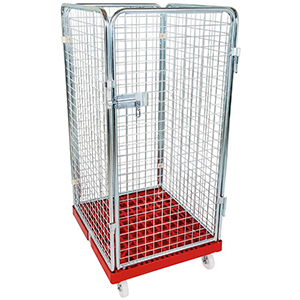Rollbox mit Drahtgitterwänden, 4-seitig (1 Tür), Nutzhöhe 1350 mm, BxTxH 810x720x1500 mm, Bodenplatte aus HDPE, RAL 3000 feuerrot