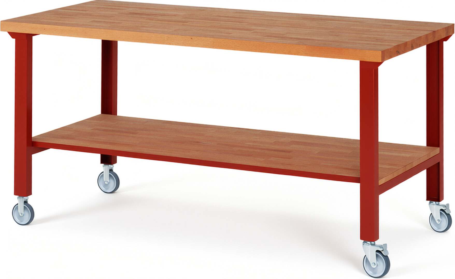Fahrbare Werkbank Modell 7000 rot, BxTxH 2000x900x1000 mm,  Buche-Massiv Arbeitsplatte 40 mm