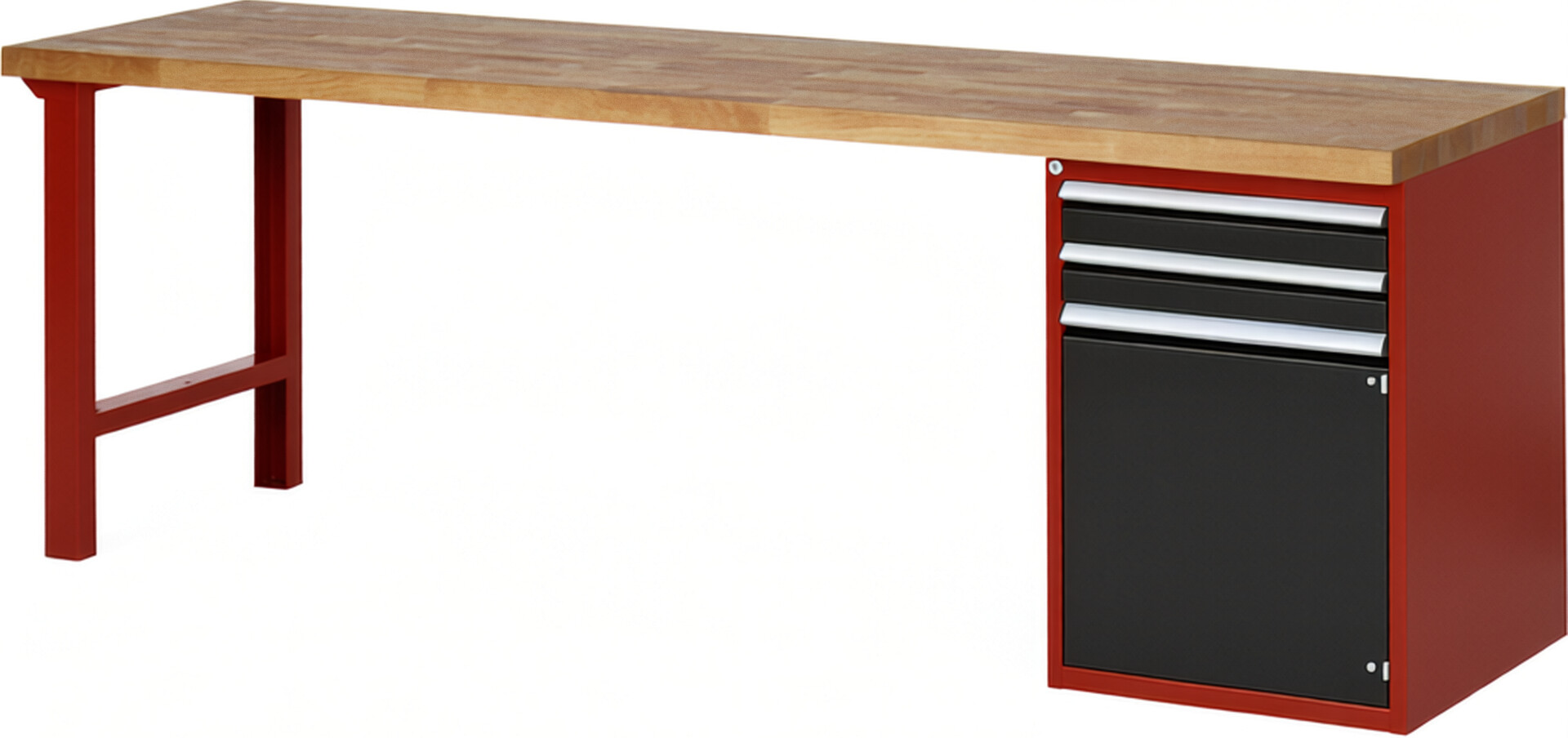 Werkbank Modell 7503 rot - schwarz, BxTxH 2500x700x840 mm,  Buche-Massiv Arbeitsplatte 40 mm,  2 Schubladen mit  Auszug 90 %