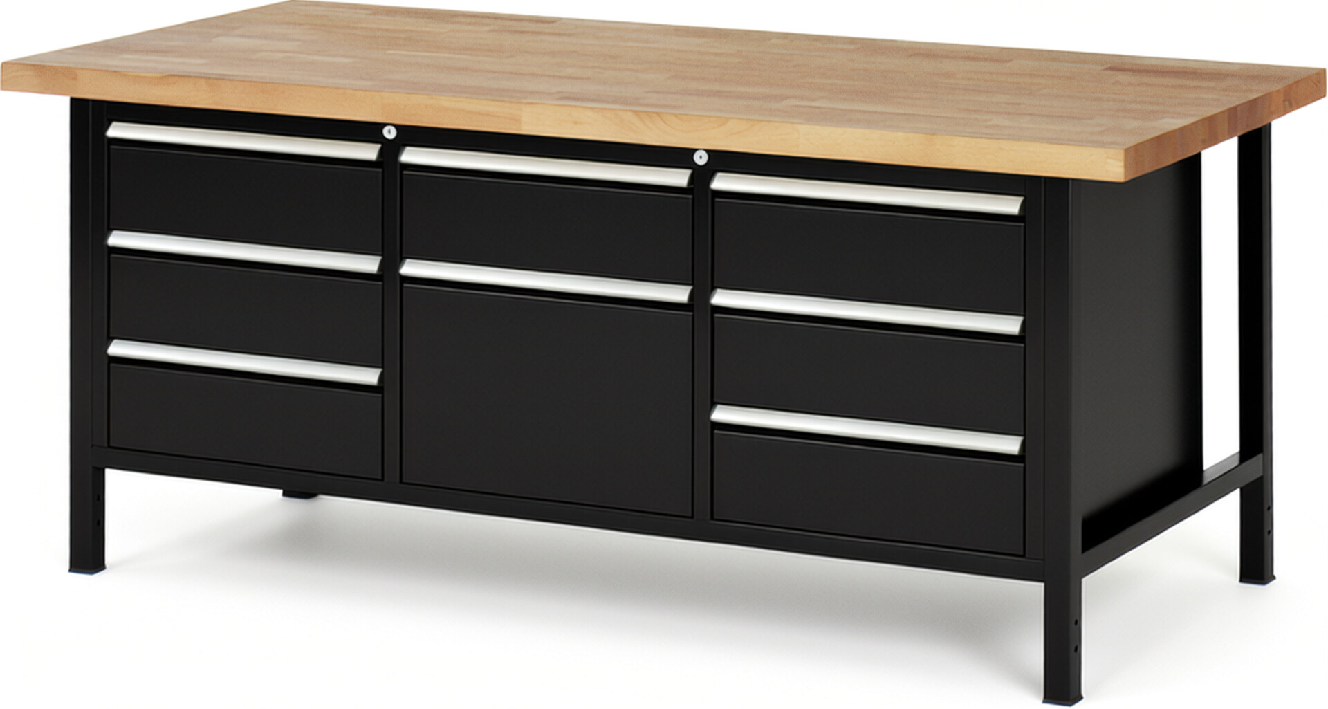 Werkbank Modell 8571 schwarz, BxTxH 2000x900x840-1040 mm,  Buche-Massiv Arbeitsplatte 40 mm,  8 Schubladen mit  Auszug 90 %