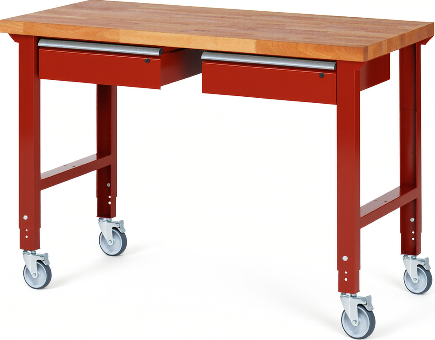 Fahrbare Werkbank Modell 7002 rot, BxTxH 1500x700x950-1000 mm,  Buche-Massiv Arbeitsplatte 40 mm,  2 Schubladen mit  Auszug 90 %