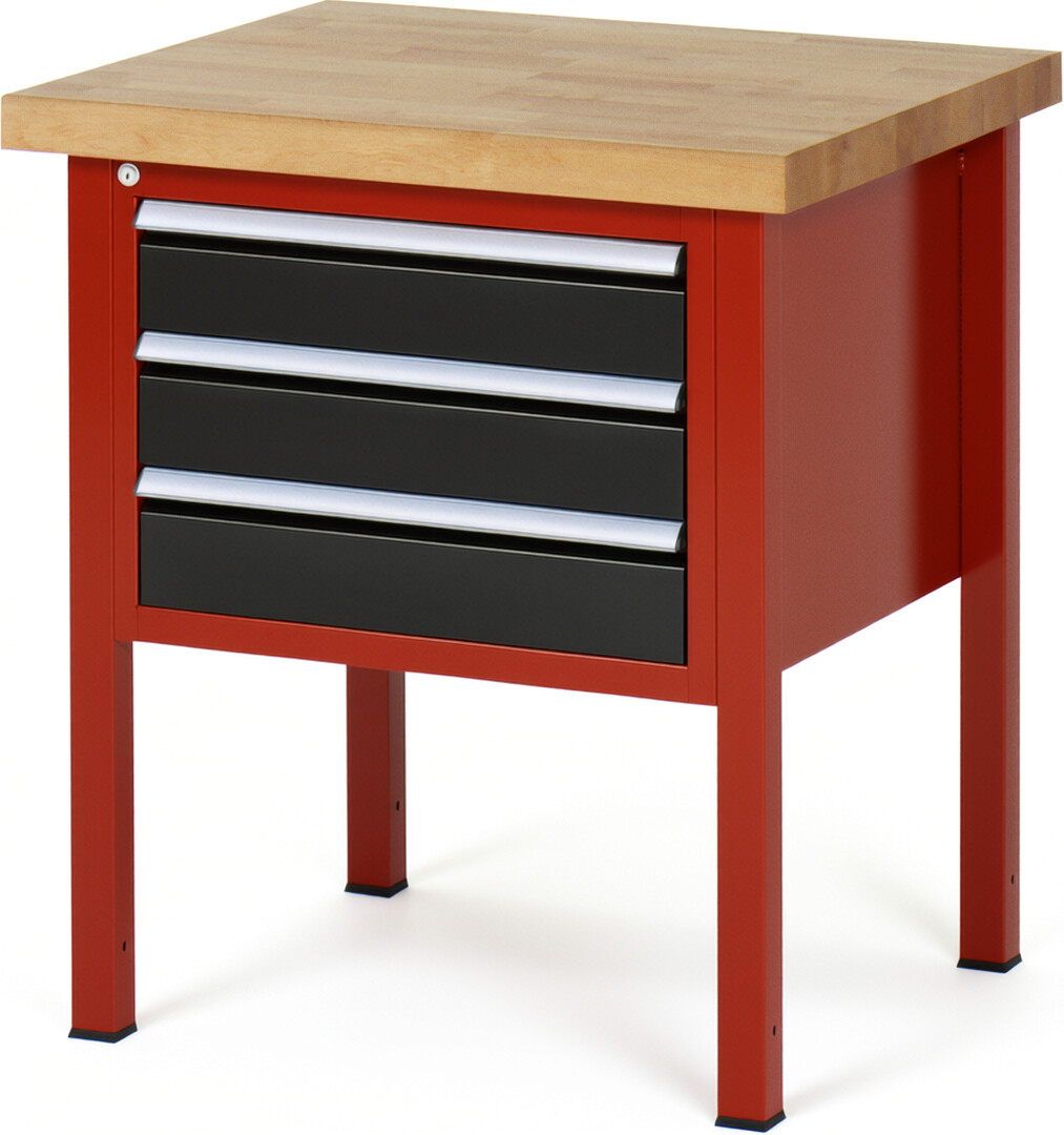 Werkbank Modell 8127 rot - schwarz, BxTxH 750x700x840 mm,  Buche-Massiv Arbeitsplatte 40 mm,  3 Schubladen mit  Vollauszug 100 % und  SoftClosing