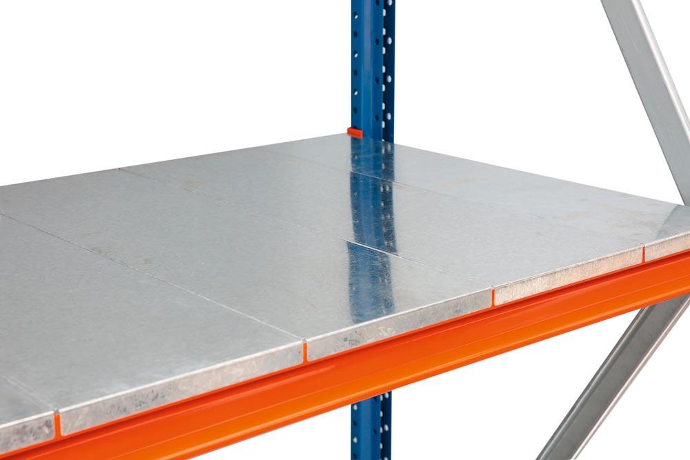 Zusatzebene für Weitspannregal, bestehend aus Auflageträger-Paar und Stahlpaneele, BxT 1850x800 mm, Fachlast 580 kg