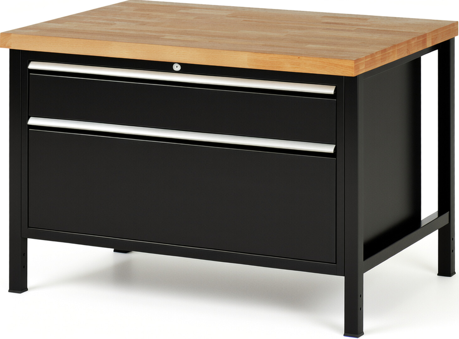 Werkbank Modell 8356 schwarz, BxTxH 1250x900x840 mm,  Buche-Massiv Arbeitsplatte 40 mm,  2 Schubladen mit  Vollauszug 100 % und  SoftClosing