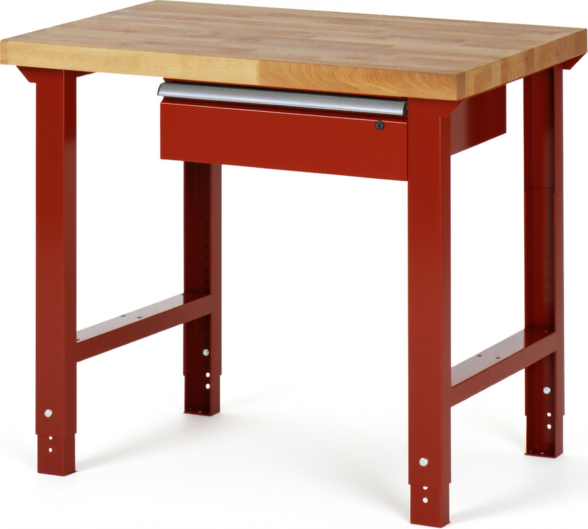 Werkbank Modell 7001 rot, BxTxH 1000x700x790-1140 mm,  Buche-Massiv Arbeitsplatte 40 mm,  1 Schublade mit  Auszug 90 %