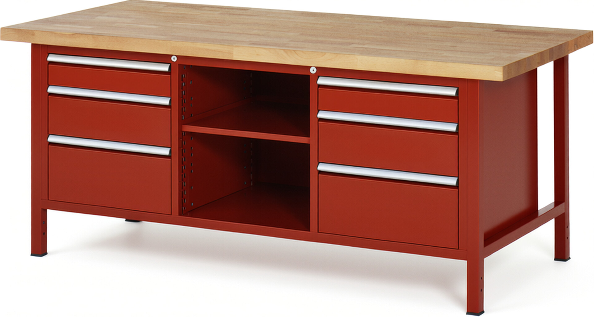 Werkbank Modell 8564 rot, BxTxH 2000x900x840-1040 mm,  Buche-Massiv Arbeitsplatte 40 mm,  6 Schubladen mit  Auszug 90 %