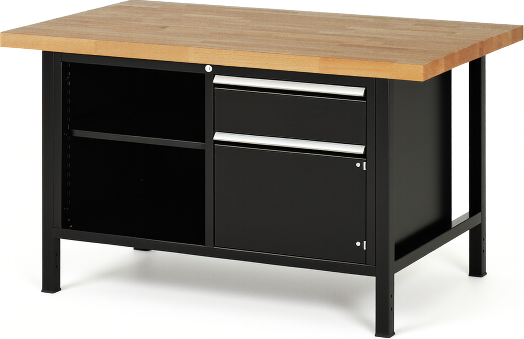 RAU Werkbank schwarz - Breite 150 cm - Tiefe 90 cm - Höhe 84 cm - Buche-Massiv Arbeitsplatte 40 mm