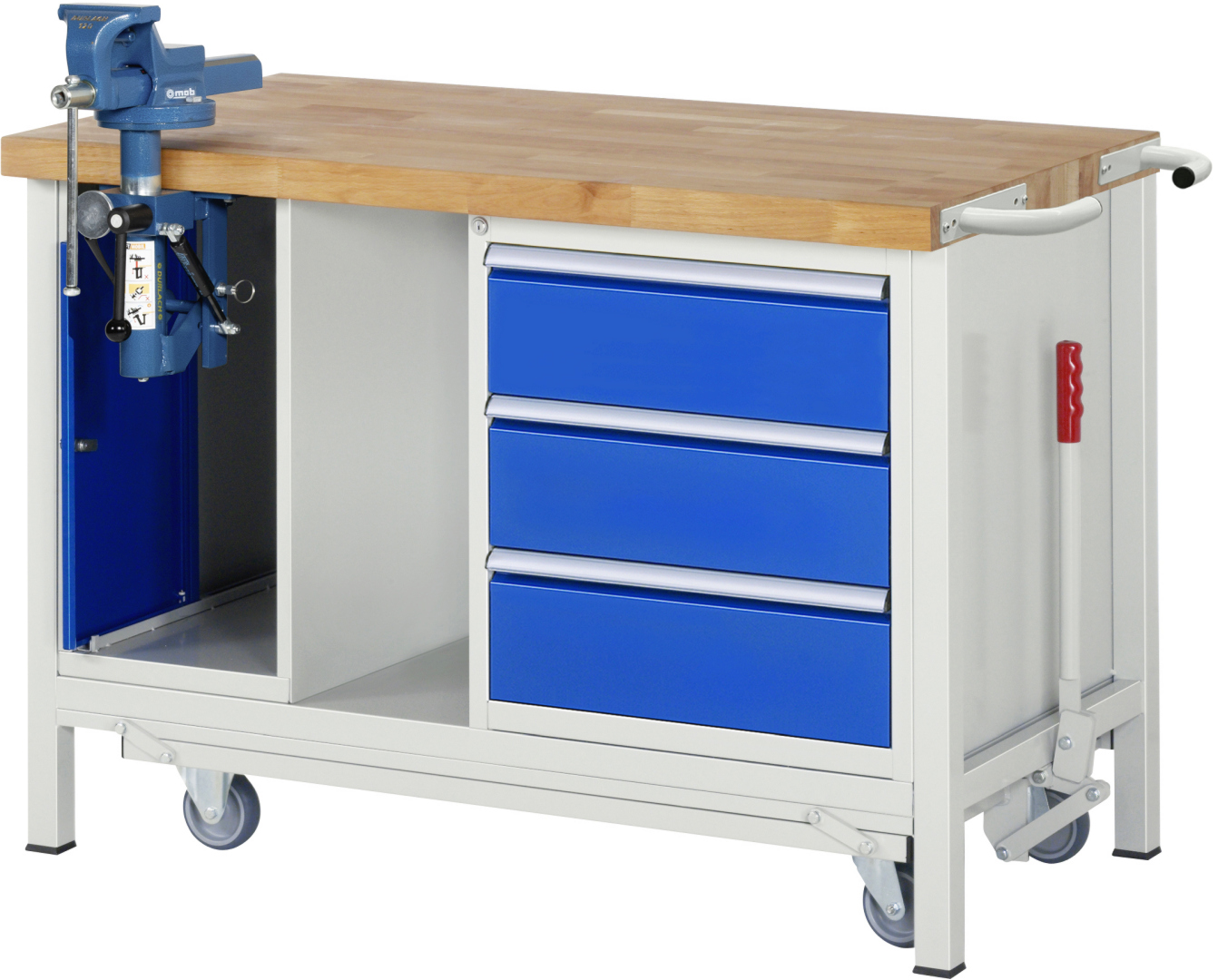 Absenkbare Werkbank Modell 8183 rot - schwarz, BxTxH 1250x700x880 mm,  Buche-Massiv Arbeitsplatte 40 mm,  3 Schubladen mit  Vollauszug 100 % und  SoftClosing