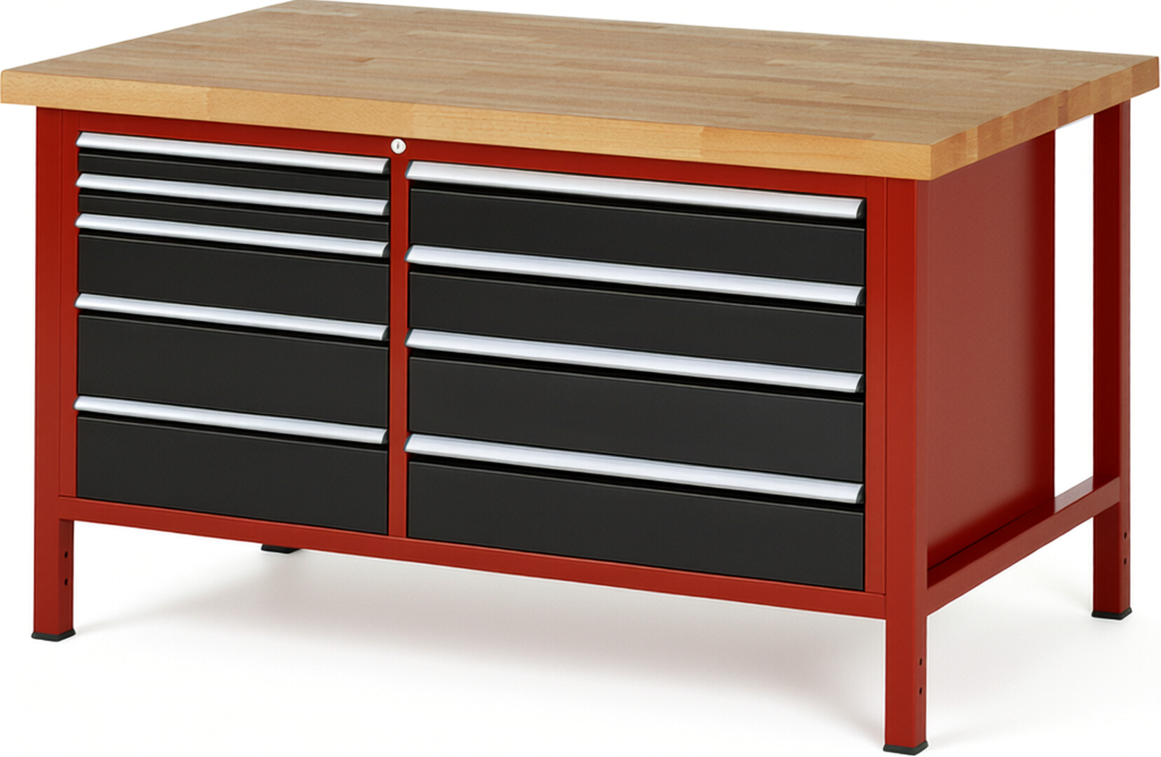 RAU Werkbank rot - schwarz - Breite 150 cm - Tiefe 90 cm - Höhe 84 cm - Buche-Massiv Arbeitsplatte 40 mm