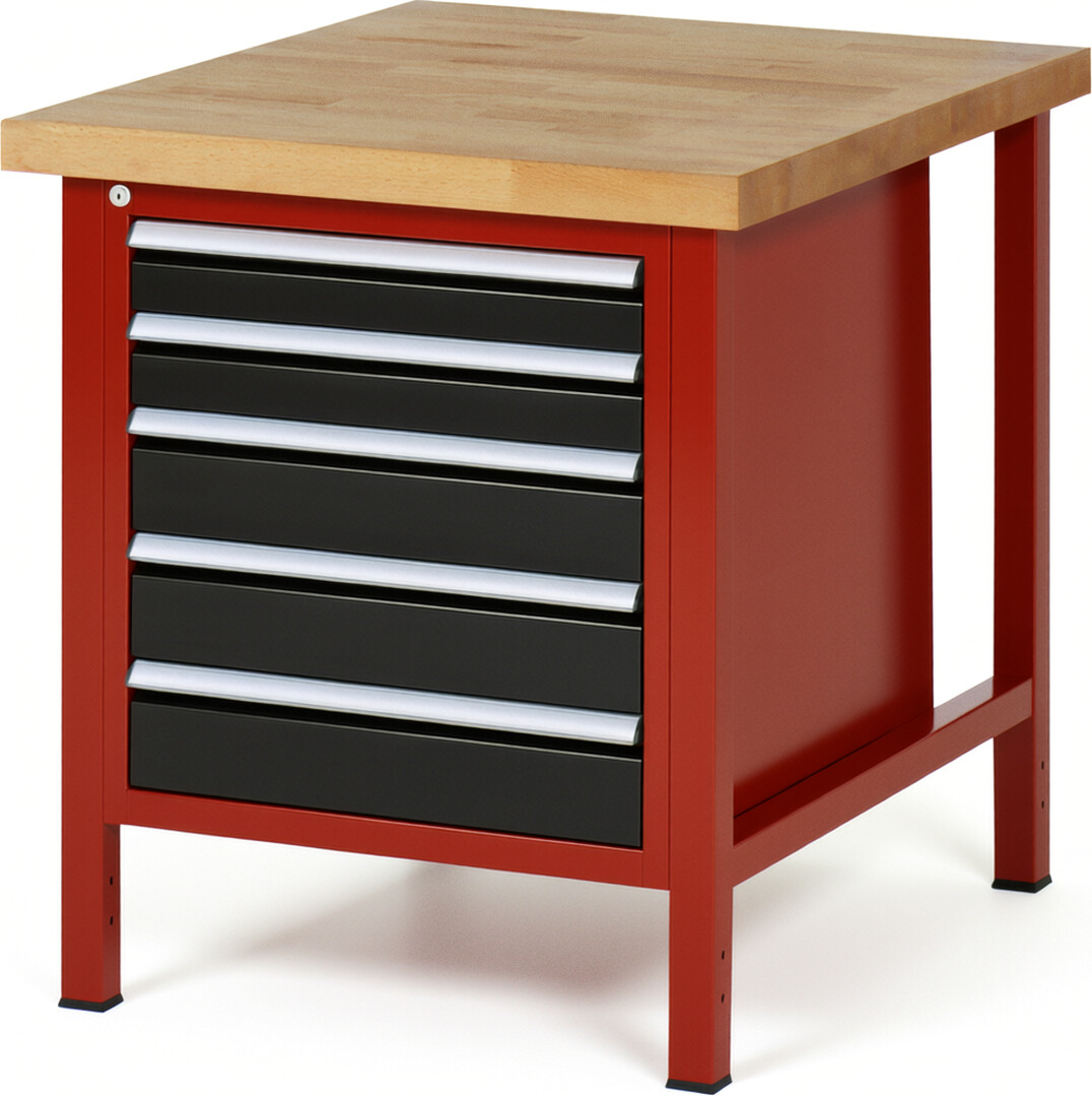 Werkbank Modell 8171 rot - schwarz, BxTxH 750x900x840-1040 mm,  Buche-Massiv Arbeitsplatte 40 mm,  5 Schubladen mit  Vollauszug 100 % und  SoftClosing