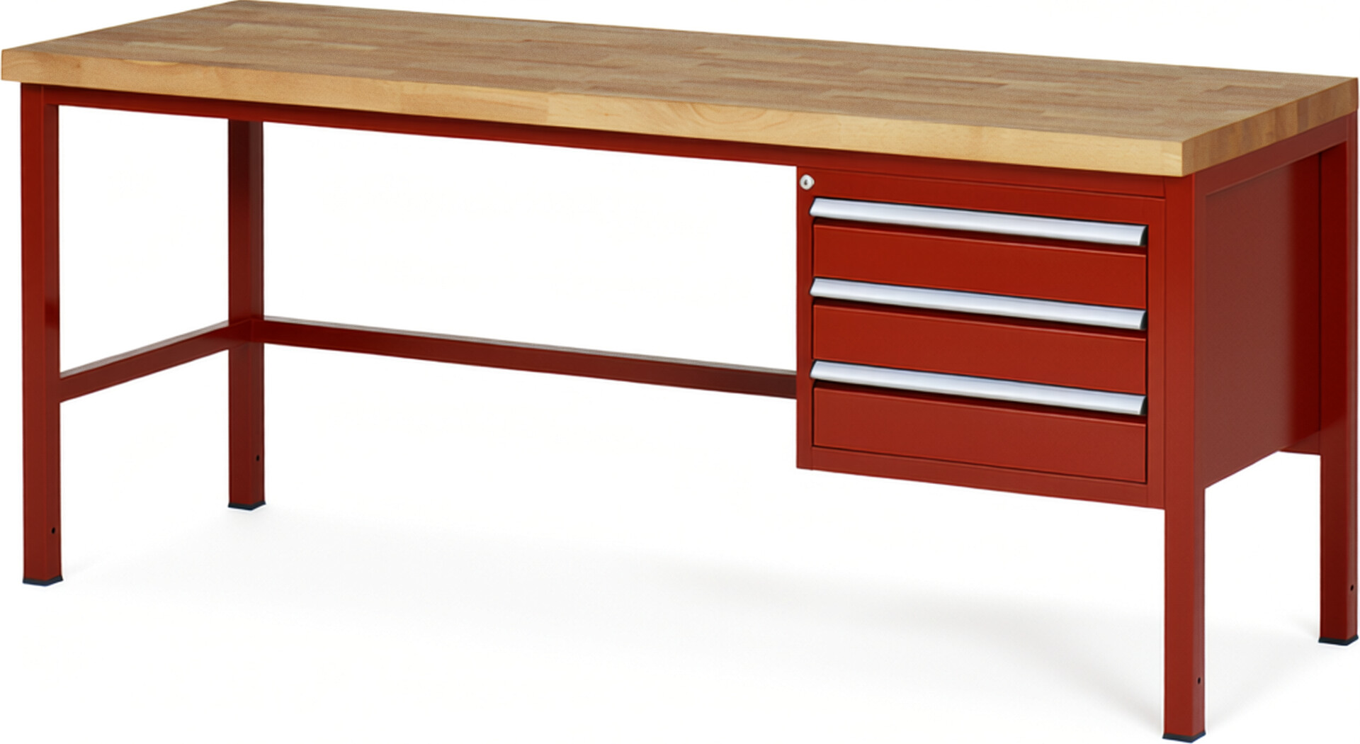 Werkbank Modell 8127 rot, BxTxH 2000x700x840-1040 mm,  Buche-Massiv Arbeitsplatte 40 mm,  3 Schubladen mit  Auszug 90 %
