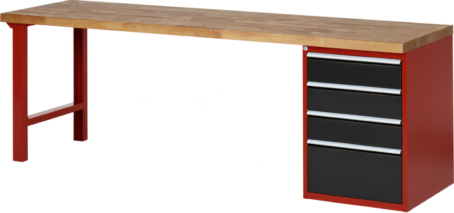 Werkbank Modell 7510 rot - schwarz, BxTxH 2500x700x890 mm,  Buche-Massiv Arbeitsplatte 40 mm,  4 Schubladen mit  Vollauszug 100 % und  SoftClosing