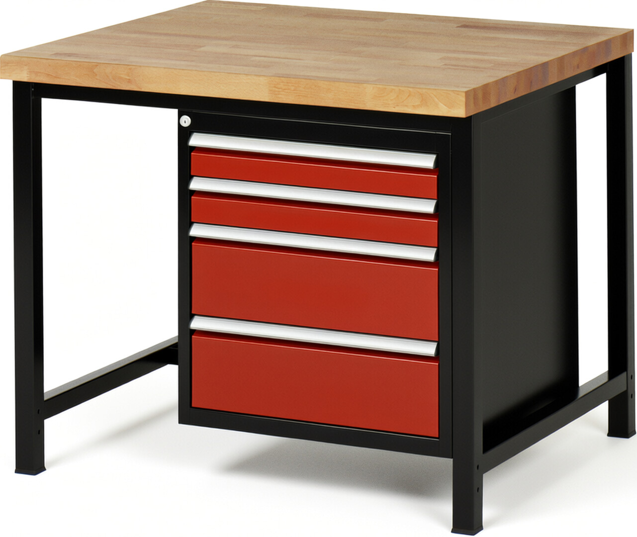Werkbank Modell 8161 schwarz-rot, BxTxH 1000x900x840 mm,  Buche-Massiv Arbeitsplatte 40 mm,  4 Schubladen mit  Vollauszug 100 % und  SoftClosing