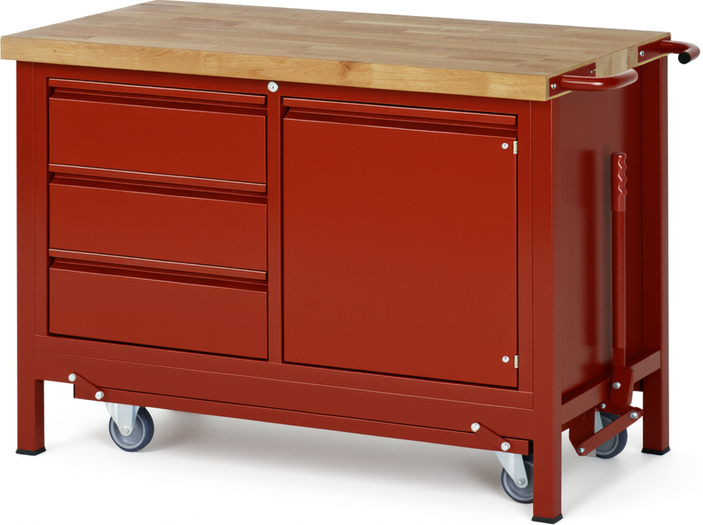 RAU Werkbank rot - Breite 125 cm - Tiefe 70 cm - Höhe 88 cm - Buche-Massiv Arbeitsplatte 40 mm