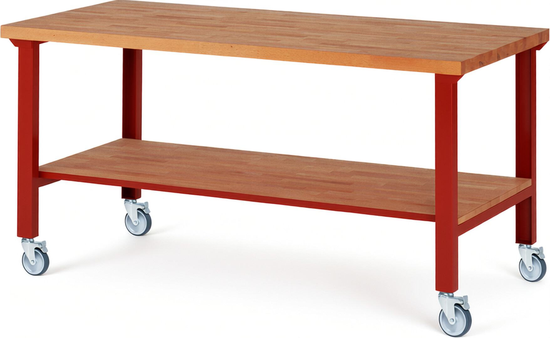 Fahrbare Werkbank Modell 7000 rot, BxTxH 2000x900x1000 mm,  Buche-Massiv Arbeitsplatte 40 mm