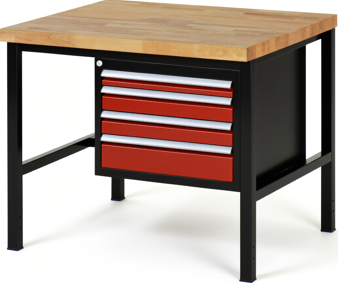 Werkbank Modell 8132 schwarz-rot, BxTxH 1000x900x840-1040 mm,  Buche-Massiv Arbeitsplatte 40 mm,  4 Schubladen mit  Vollauszug 100 % und  SoftClosing