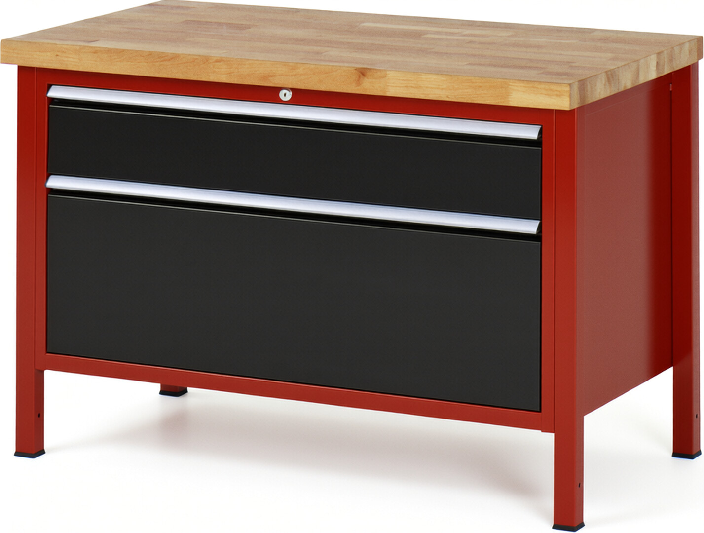 Werkbank Modell 8356 rot - schwarz, BxTxH 1250x700x840 mm,  Buche-Massiv Arbeitsplatte 40 mm,  2 Schubladen mit  Auszug 90 %