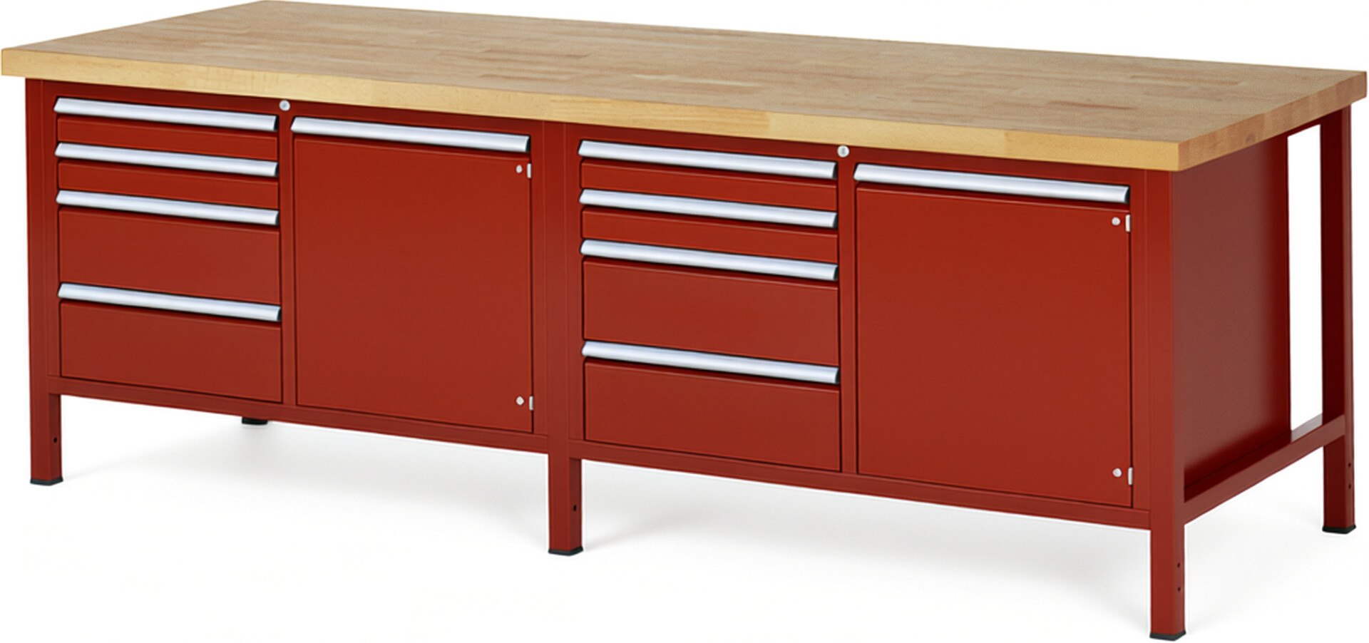 Werkbank Modell 8470 rot, BxTxH 2500x900x840-1040 mm,  Buche-Massiv Arbeitsplatte 40 mm,  8 Schubladen mit  Auszug 90 %