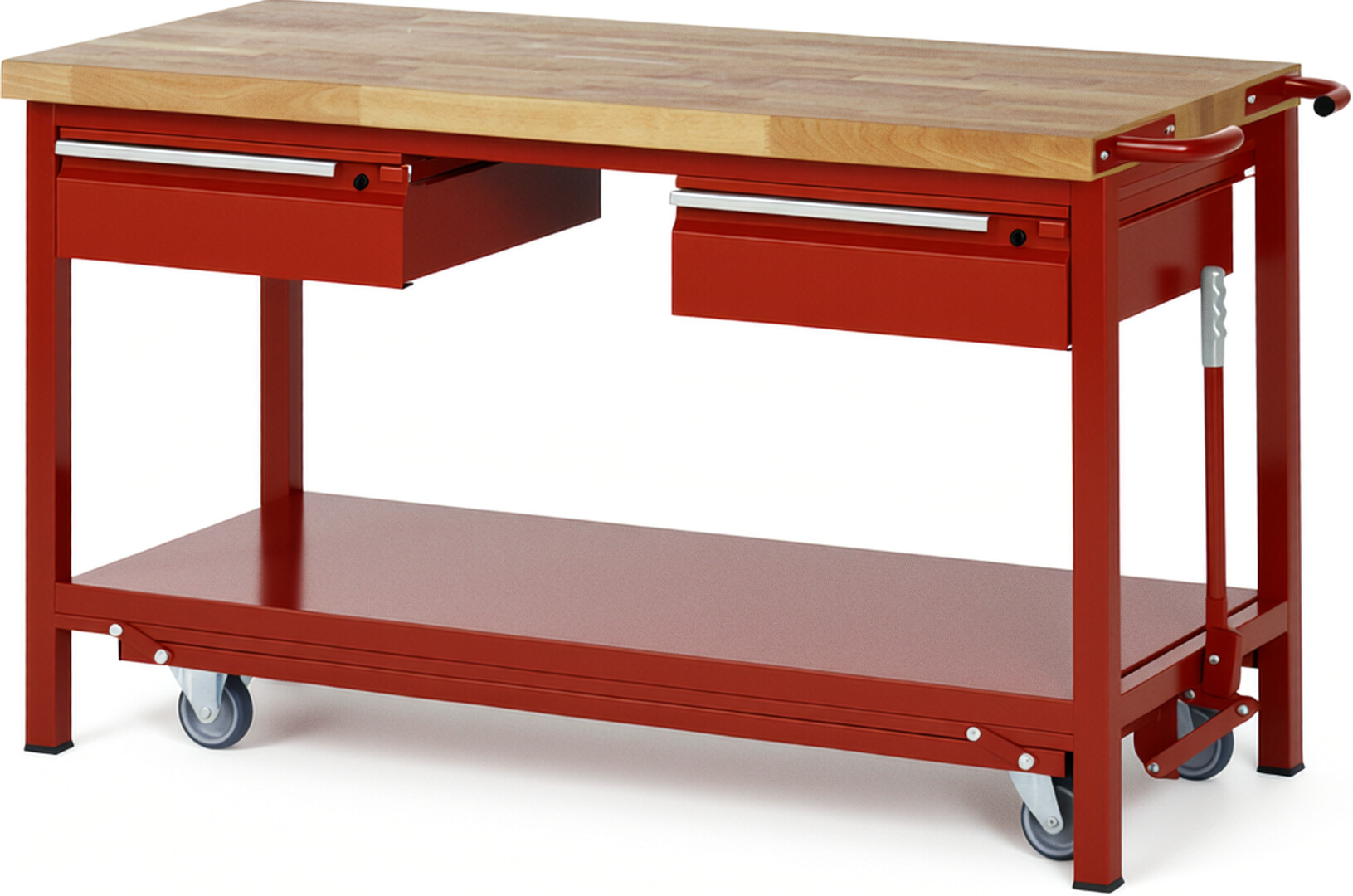 Absenkbare Werkbank - Modell 8002 BASIC rot, BxTxH 1500x700x880 mm,  Buche-Massiv Arbeitsplatte 40 mm,  2 Schubladen mit  Auszug 90 %